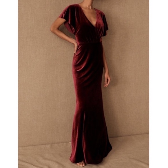 BHLDN Jenny Yoo Ellis Flutter-Sleeve Open-Back Stretch Velvet Gown Dark Berry 12 - Picture 1 of 16